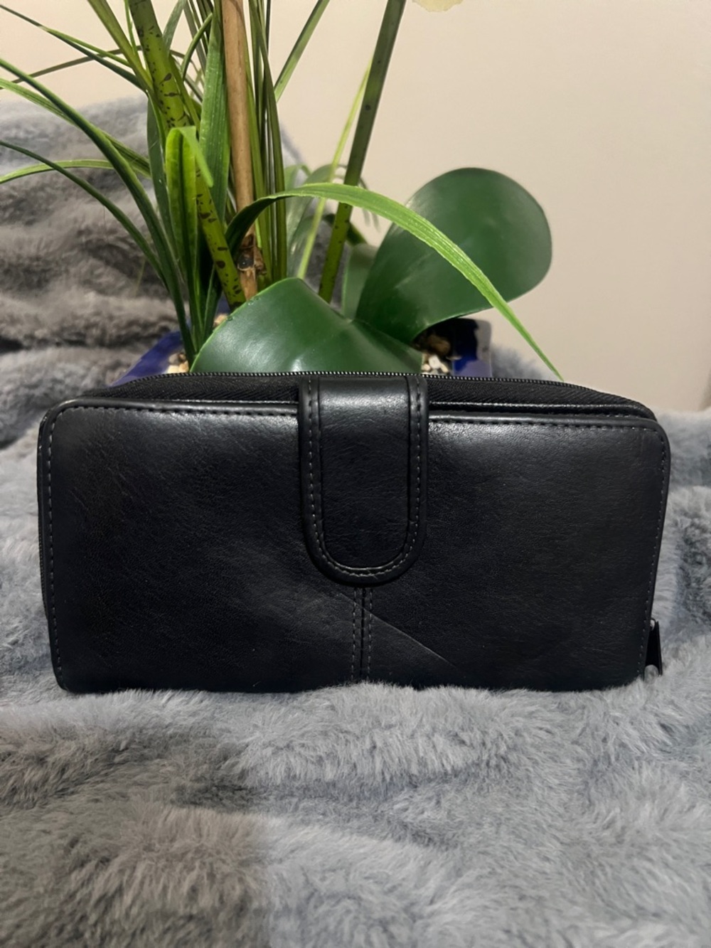 Buxton Black Leather Zip-Around Wallet with Snap Tab Closure